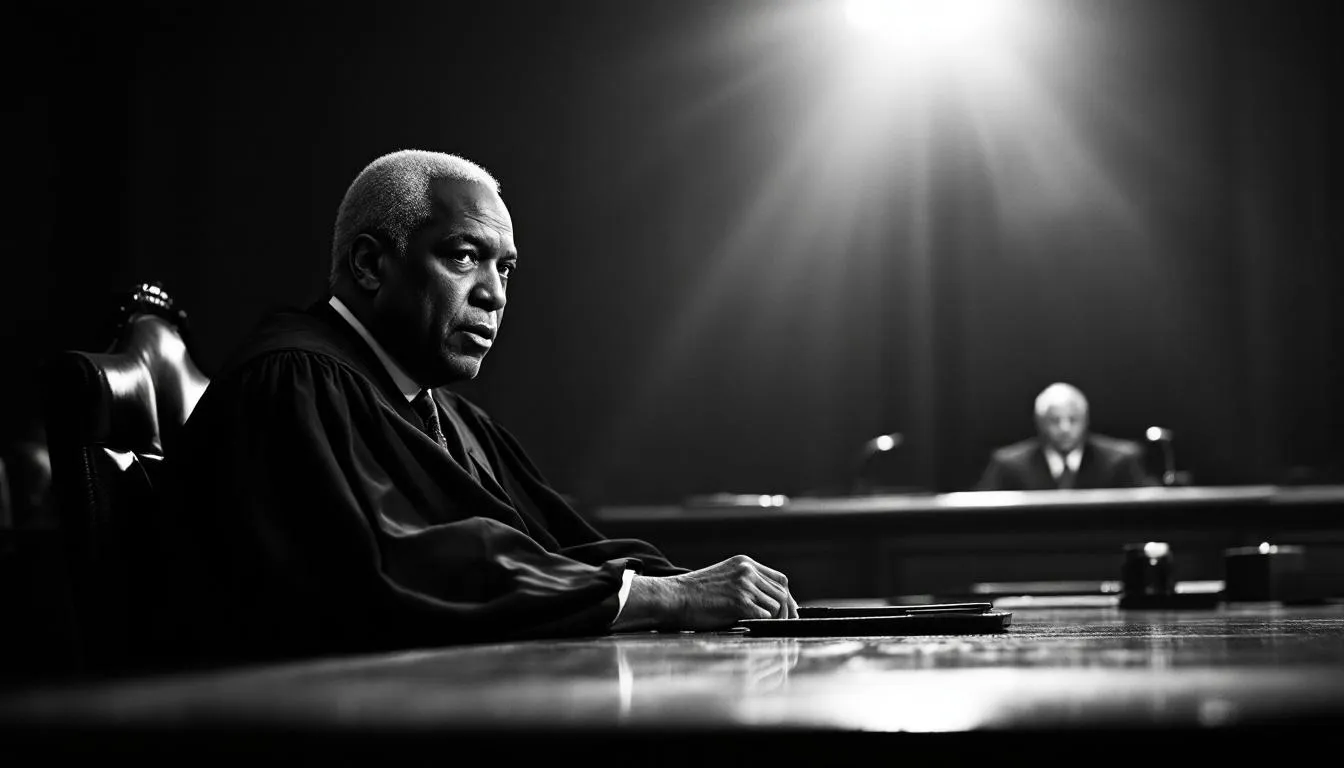 An artistic representation of Justice Clarence Thomas discussing discrimination claims, with a blurred image of a courtroom in the background.