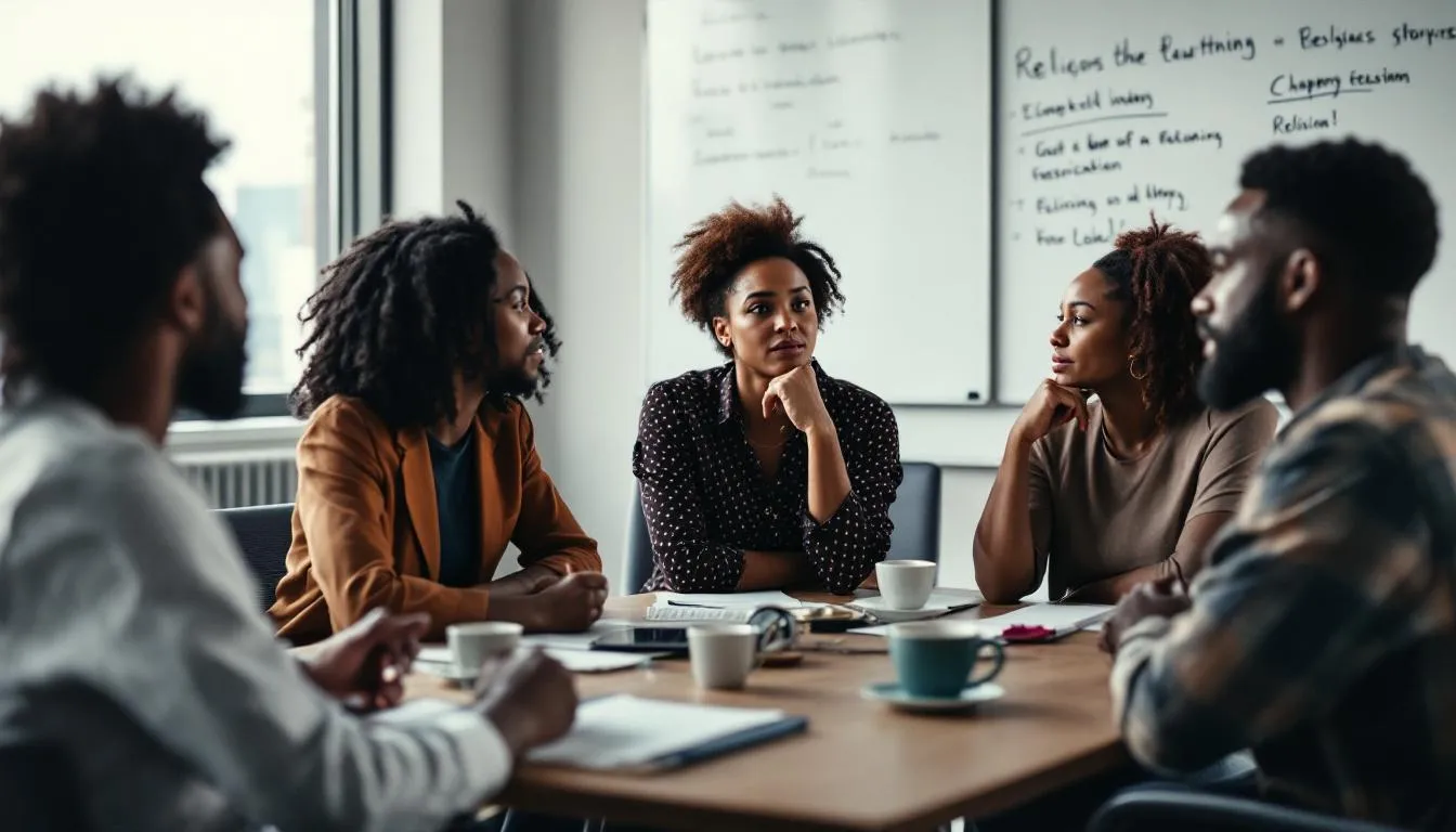 A diverse group of employees discussing their religious beliefs in a workplace setting.