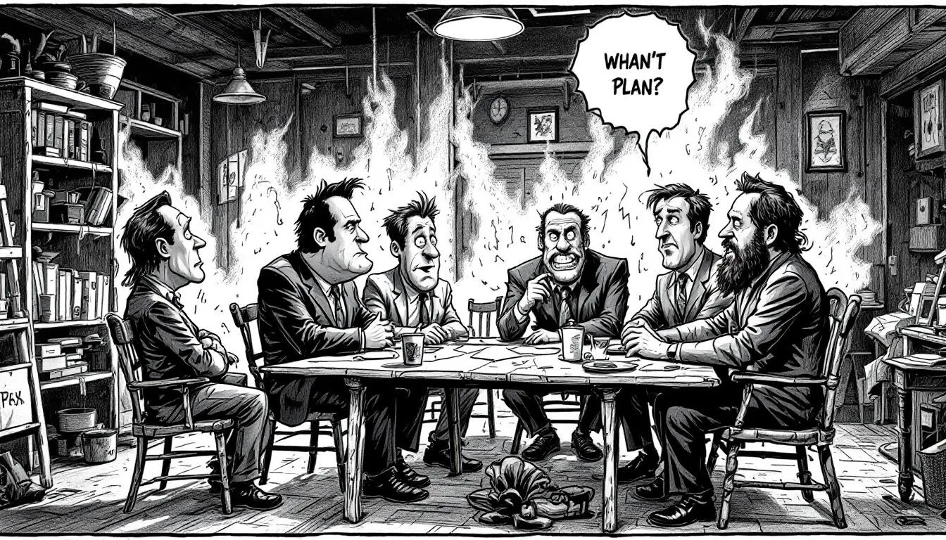 An illustration depicting the main characters from Horrible Bosses plotting their next move.
