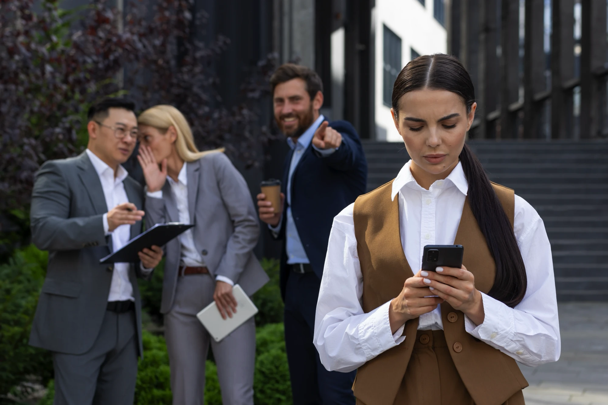 A Group Of People Dressed Professionally Gossiping About A Woman Behind Her Back