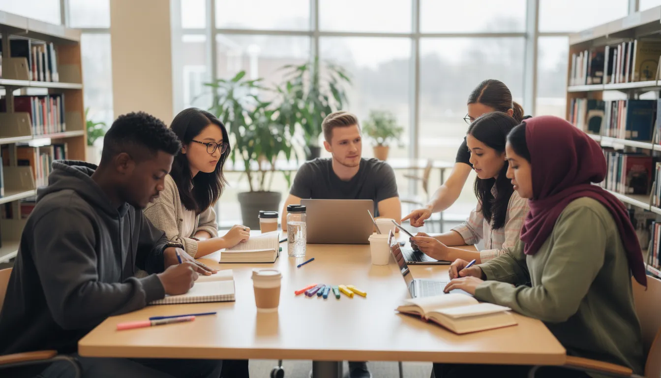 A diverse group of college students is studying together in a modern library, surrounded by books and laptops, demonstrating collaboration and support in their academic pursuits. The scene highlights the importance of accessibility and appropriate testing accommodations for students with disabilities as they prepare for college entrance exams and standardized tests.