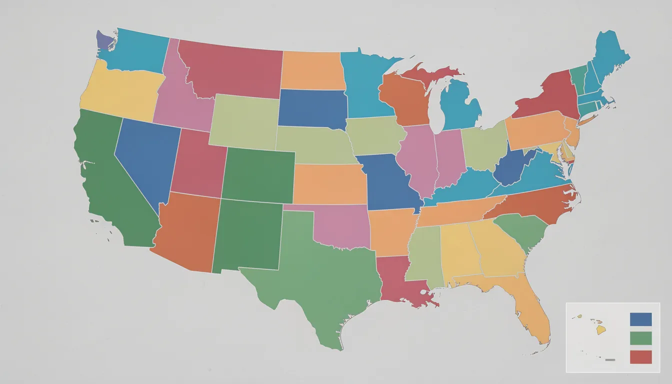 An aerial view of a colorful map of the United States, showcasing vibrant state boundaries that highlight the diversity of regions. This visual representation could symbolize discussions around state minimum wage laws and the economic security of millions of workers across the country.
