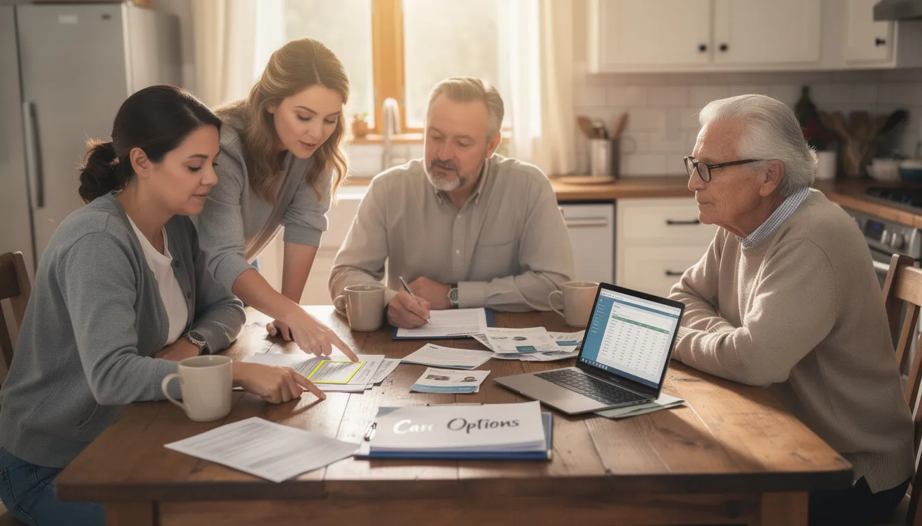 A family is gathered around a kitchen table, discussing financial documents and various care options for a loved one, focusing on assisted living communities and the associated costs. They are exploring potential benefits from VA health care and other support services to ensure their family member receives the necessary assistance for daily living.