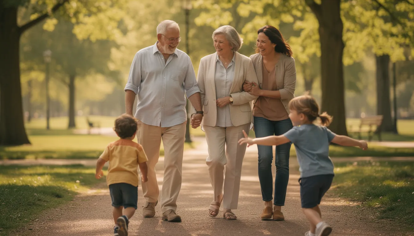 A family of three, consisting of a grandparent, a parent, and a child, strolls together in a park, showcasing their emotional connection and support for one another. This scene highlights the importance of family in providing assistance and care, especially for loved ones who may require additional support in their daily living activities.