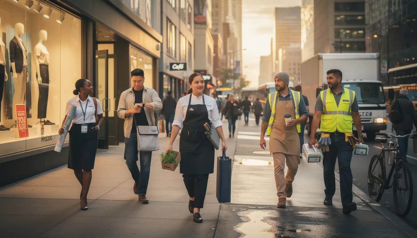 The image depicts a diverse group of workers from retail, restaurant, and warehouse settings walking together in an urban environment, highlighting the daily commute of employees who contribute to the economy. This scene reflects the importance of discussions around minimum wage increases and the economic security of the 8.3 million workers living in cities like New York and San Diego.