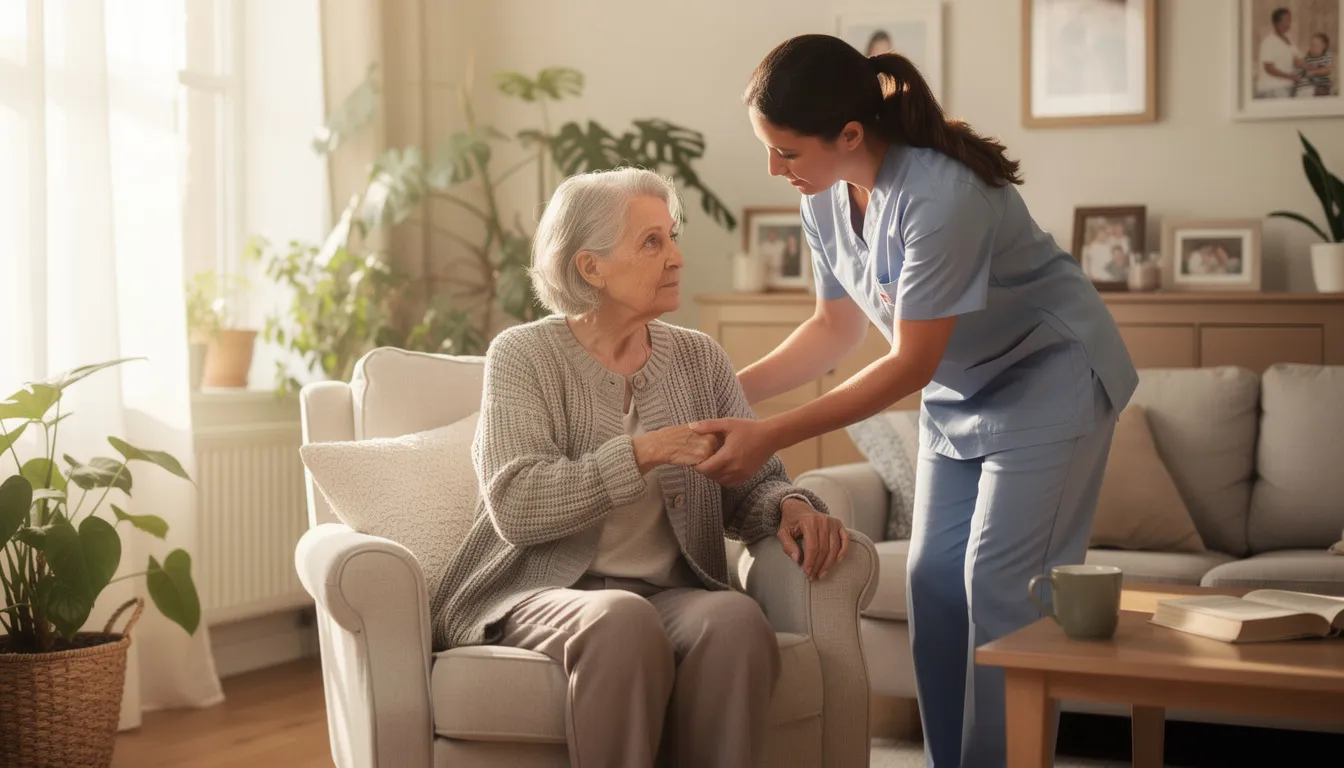 An elderly woman is receiving gentle assistance from a caregiver in a bright and comfortable living room, highlighting the importance of in-home care for daily living tasks. This scene reflects the supportive environment often found in assisted living communities, where caregivers help seniors maintain their independence and well-being.
