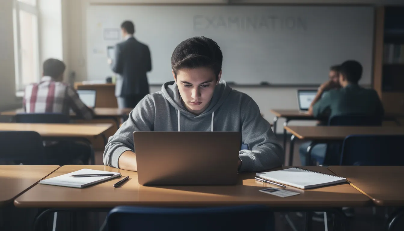 The image shows a test taker seated at a desk, focused on using a laptop computer during an examination. This setting highlights the importance of appropriate testing accommodations for students with disabilities, ensuring they can demonstrate their skills effectively.