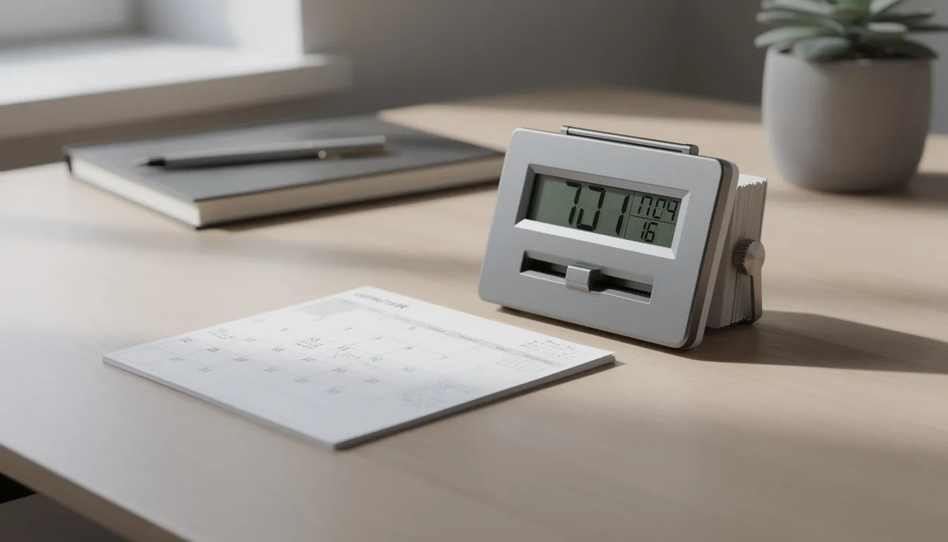 The image shows a time clock and a calendar placed on a desk, symbolizing the management of paid sick time and leave for employees. This setup reflects the importance of tracking sick leave, as outlined in the Michigan Paid Sick Leave Act, ensuring eligible employees can manage their health needs effectively.