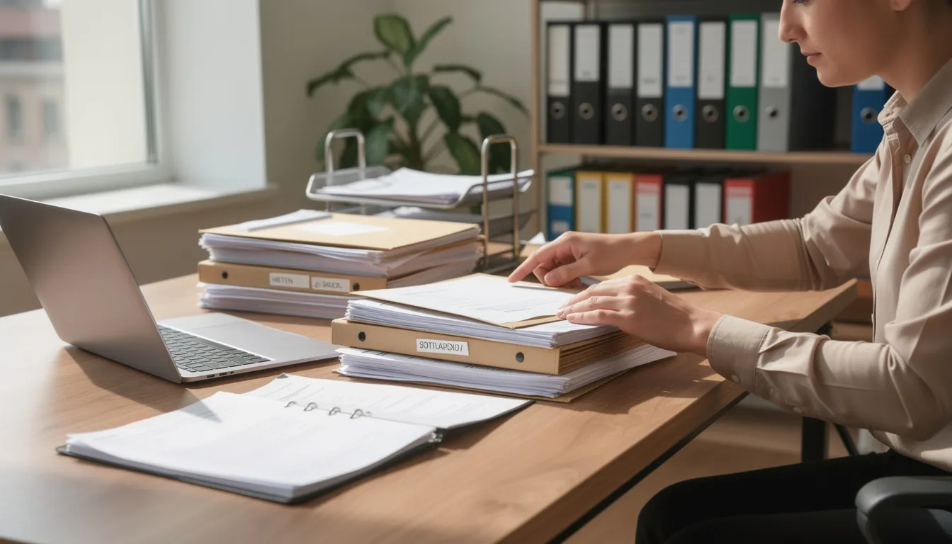 An individual is seated at a desk, diligently organizing various documents and files, which may include important paperwork related to job protection and paid family leave updates. The workspace is cluttered with papers that likely pertain to employment security and health insurance coverage.
