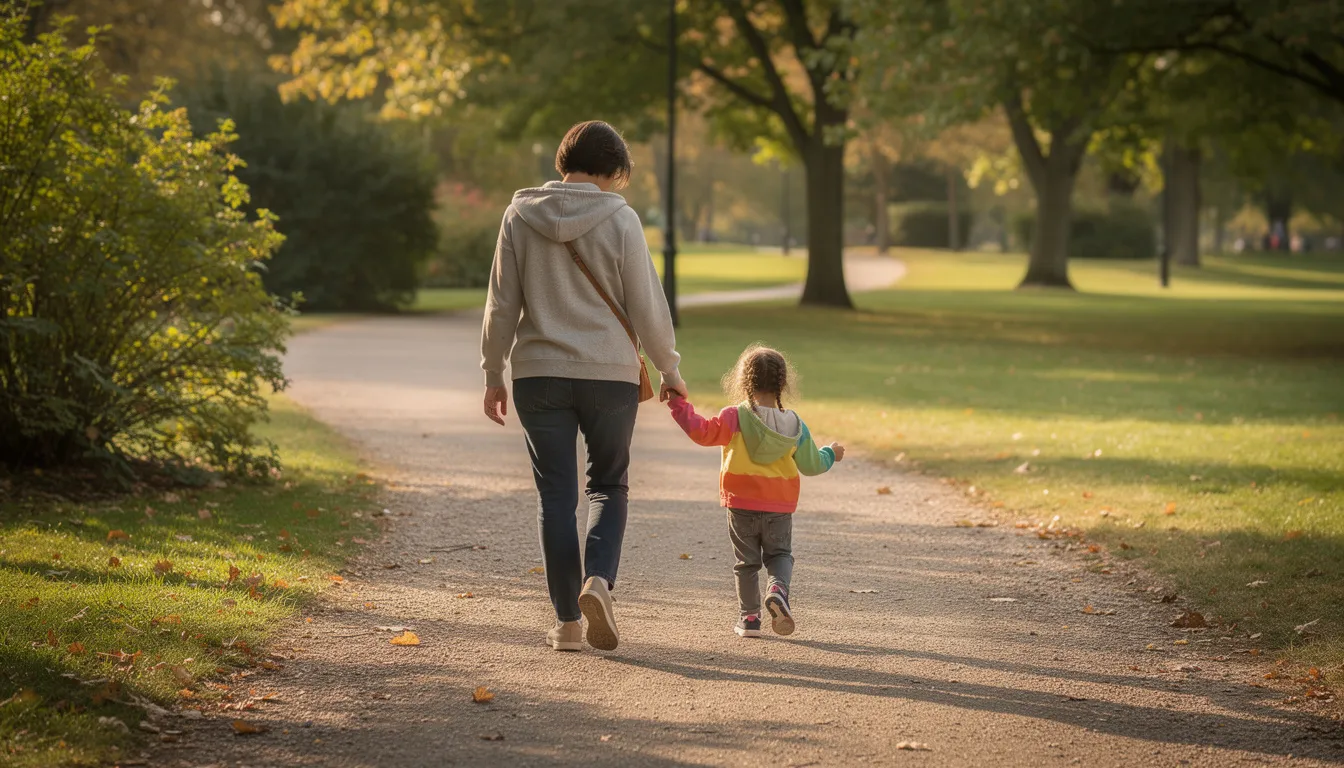A parent and their young child are walking hand in hand along a path, enjoying their time together in a serene outdoor setting. This image reflects the importance of family responsibilities and the caregiving roles that parents often embrace.