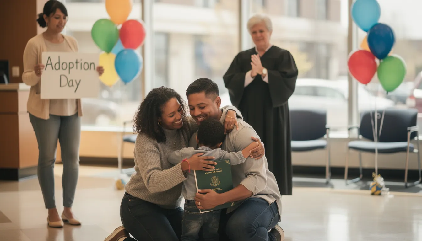 The image depicts a joyful family celebrating the adoption of a child, showcasing a diverse group of individuals embracing each other with smiles and warmth. This scene emphasizes the importance of family and the emotional connections formed through the adoption process, which can also intersect with family and medical leave laws for eligible employees under federal and state law.