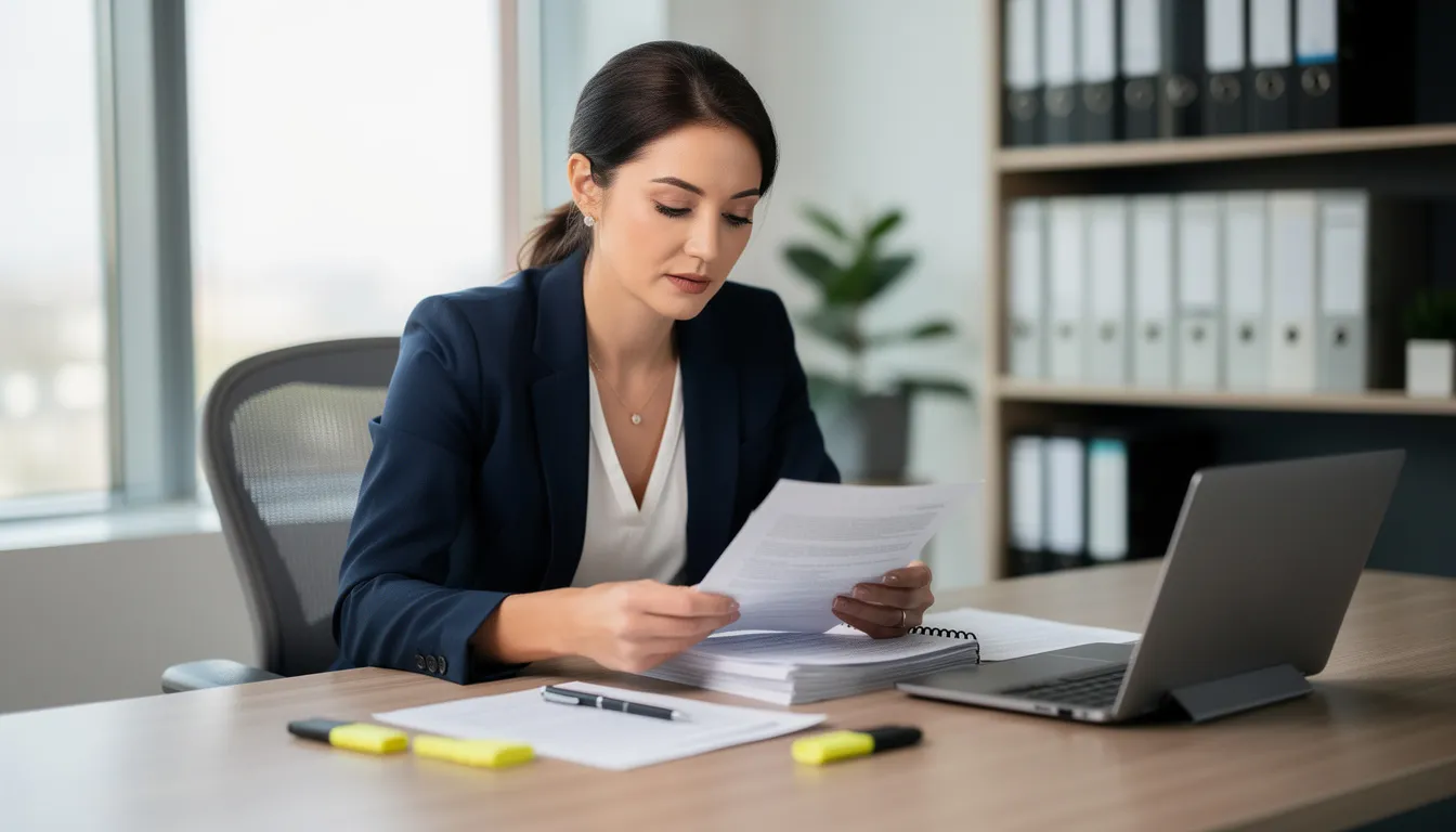 A professional woman sits at her desk, reviewing documents with a focused expression, highlighting the challenges faced by female employees in the workplace, particularly in relation to the Pregnancy Discrimination Act and the rights of pregnant workers. Her workspace is organized, reflecting her commitment to her job while balancing caregiving responsibilities.