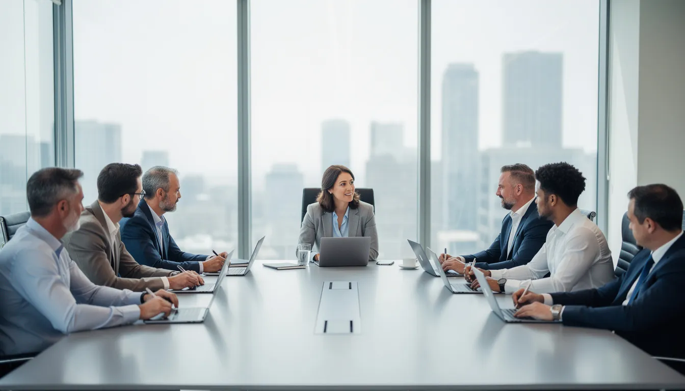 The image depicts a diverse group of professionals engaged in an office meeting around a conference table, showcasing individuals of various genders and ethnicities. This setting highlights the importance of equal employment opportunities and the need for workplace accommodations to support employees, including pregnant workers and family caregivers.