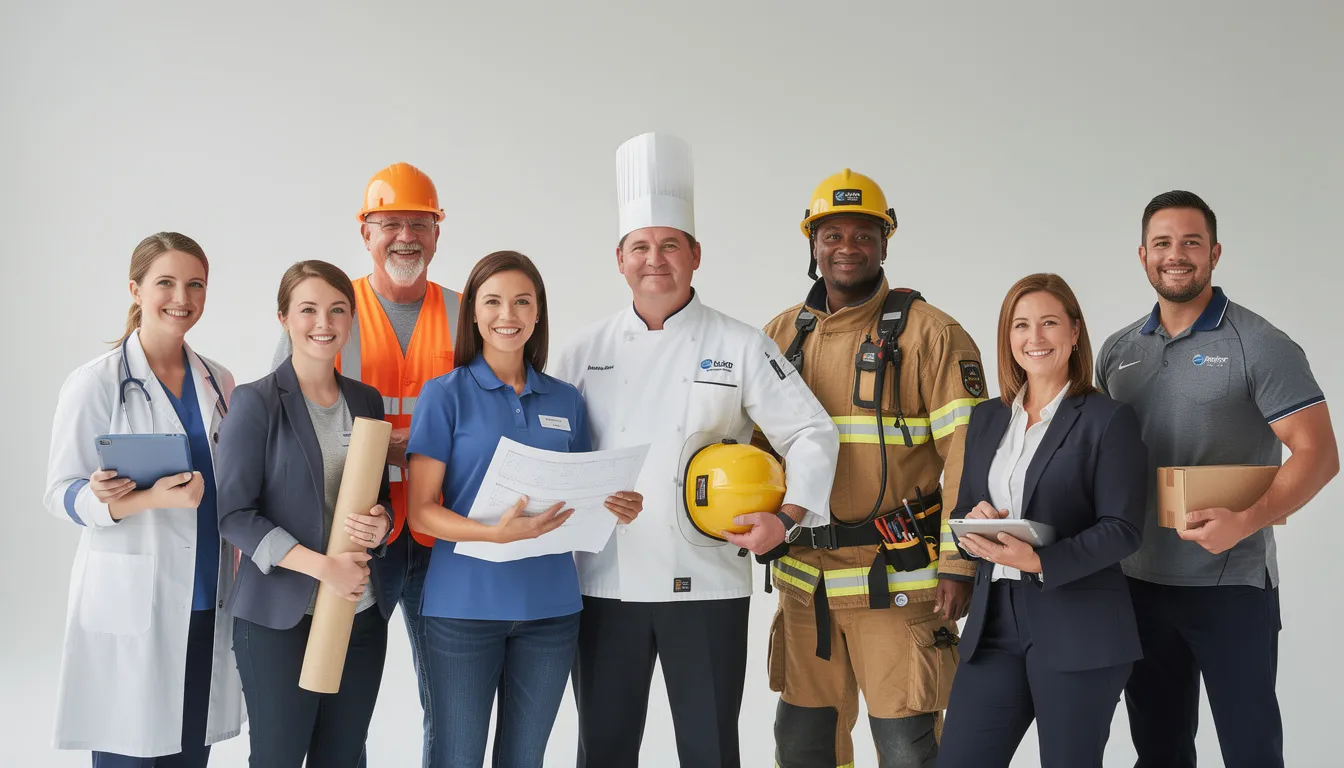 A diverse group of workers, representing various professions, stands together with a confident expression, symbolizing unity and strength in the workplace. This image reflects the importance of job protection and paid family leave updates, highlighting the rights of employees under Washington's paid family and medical leave program.