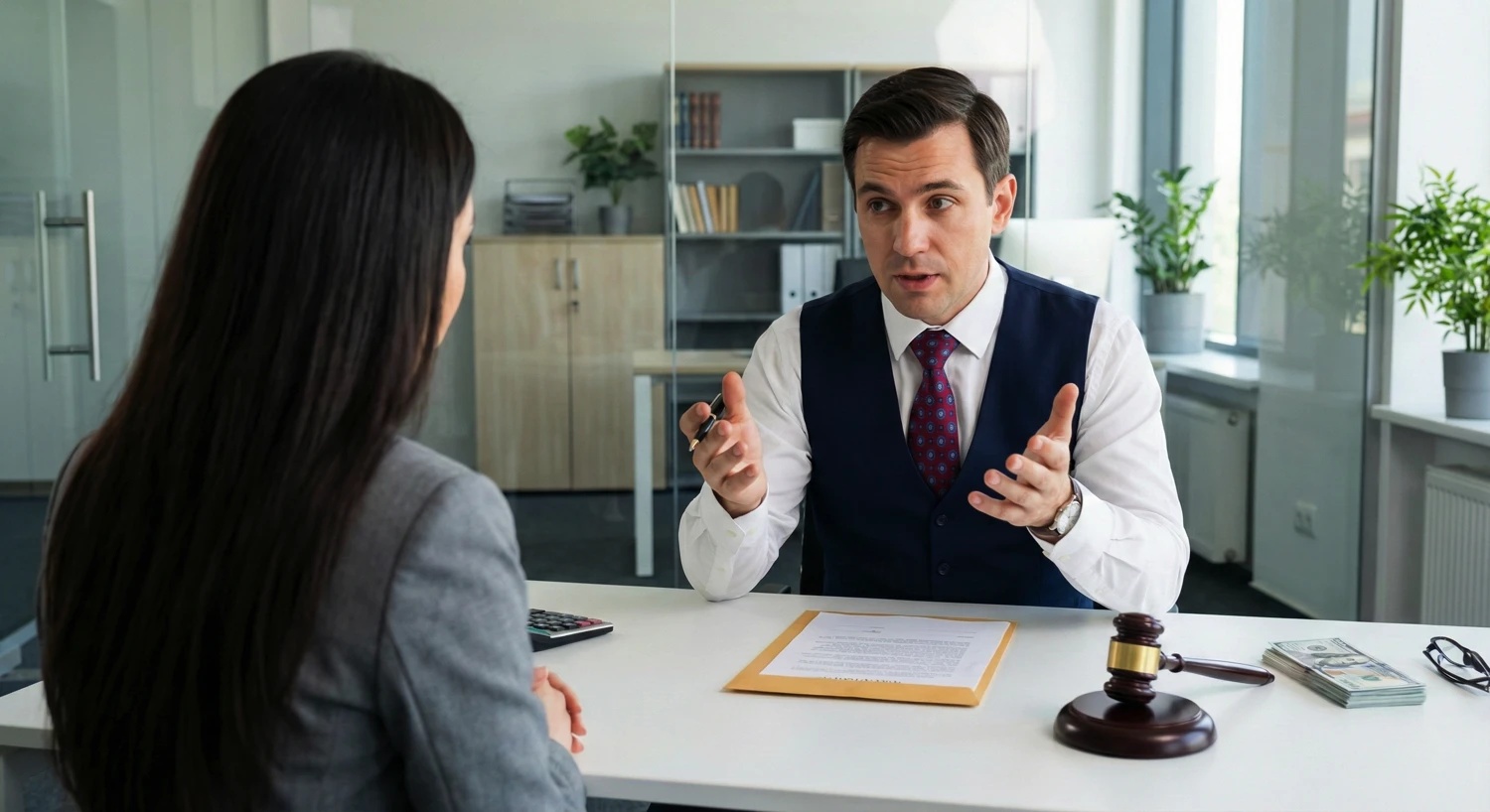A woman and a man talking in a law firm office