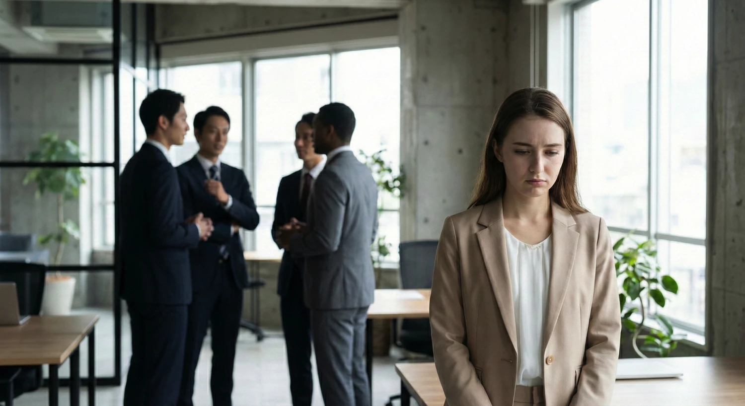 A woman being talked about behind her back by her male colleagues
