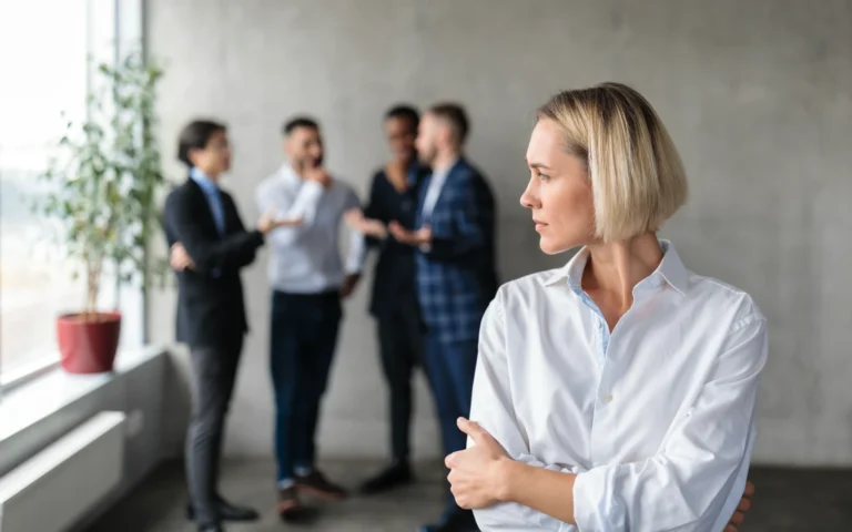 A woman looking sad in an office while her male coworkers talk behind her