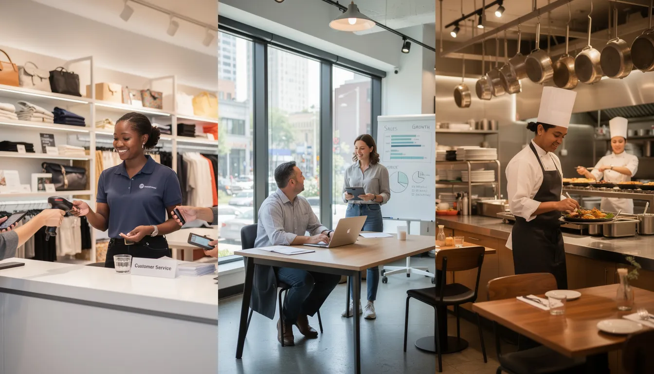 The image depicts a diverse group of workers in various job settings, including a retail store, an office, and a restaurant, showcasing the importance of paid sick leave and the protections offered under the Michigan Earned Sick Time Act. Each worker represents different roles and backgrounds, emphasizing the need for inclusive policies that support employee health and well-being.