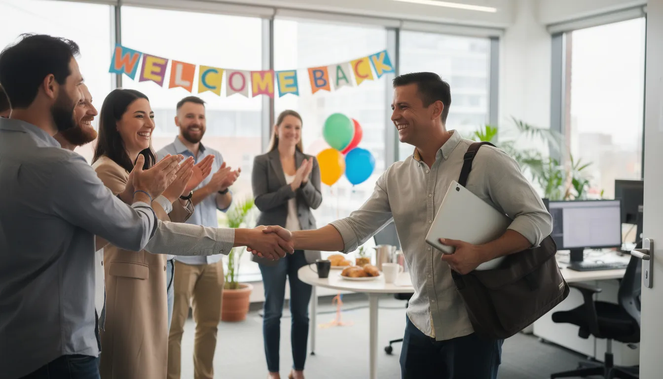 The image depicts a worker joyfully returning to the office, greeted warmly by colleagues who are celebrating their comeback. This scene highlights the importance of job protection and employment restoration as part of the paid family and medical leave policies in Washington State.