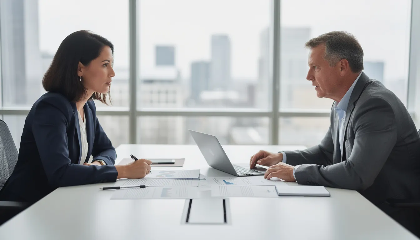 The image depicts two professionals engaged in a meeting, discussing documents across a table, likely focusing on employment-related topics such as at will employment and employment discrimination. The setting suggests a formal atmosphere conducive to making important employment decisions.