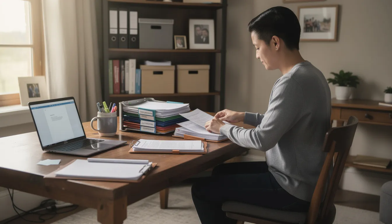 A person is seen organizing files and paperwork in a cozy home office, surrounded by shelves filled with books and office supplies. This setting reflects a workspace where employment-related documents may be kept, emphasizing the importance of understanding employment law and the employment at will doctrine in Texas.