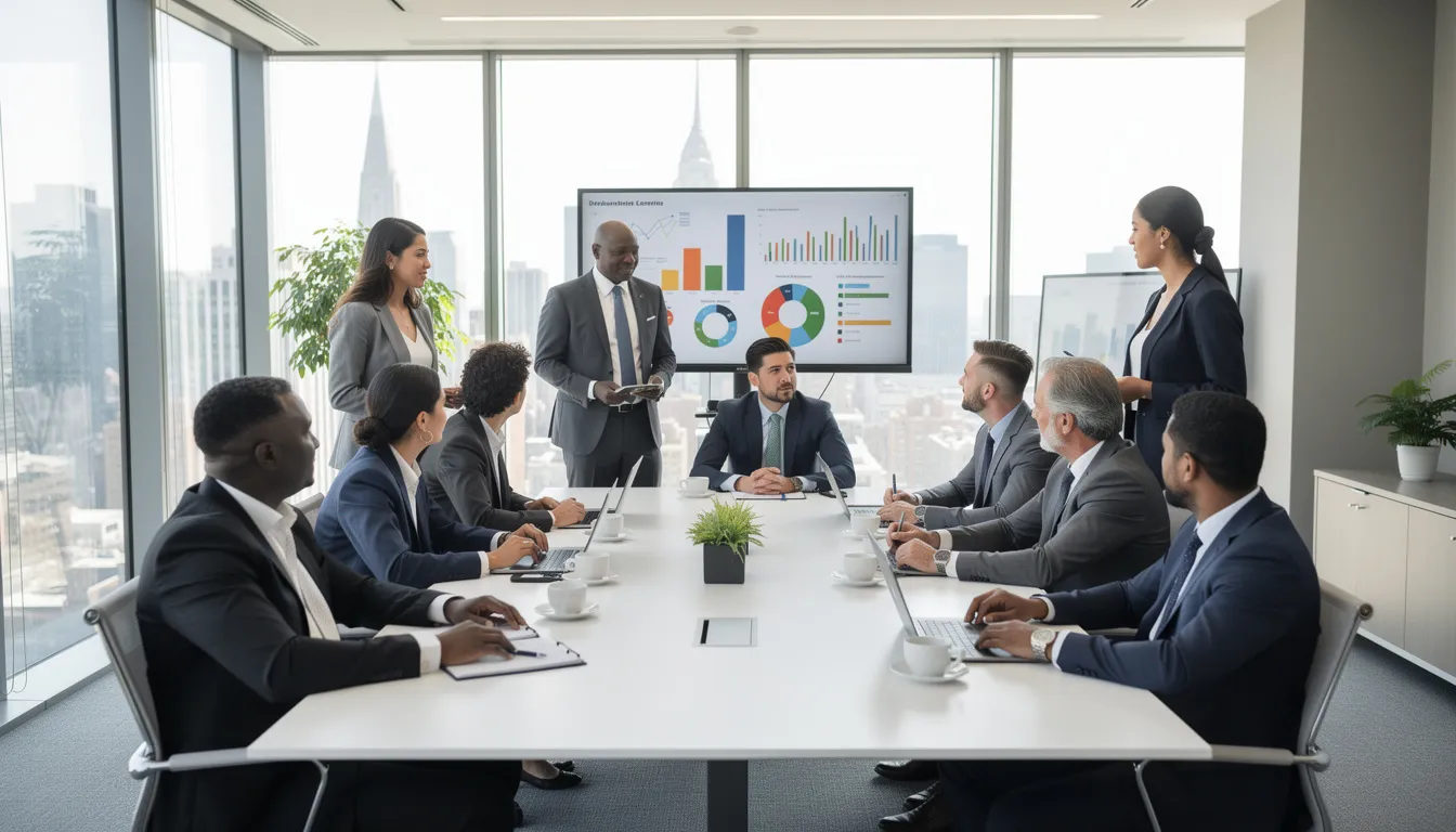 The image depicts a group of diverse office workers engaged in a professional meeting within a well-lit conference room. They are discussing important topics, reflecting a collaborative work environment, which is essential for preventing a hostile workplace and promoting employee satisfaction.