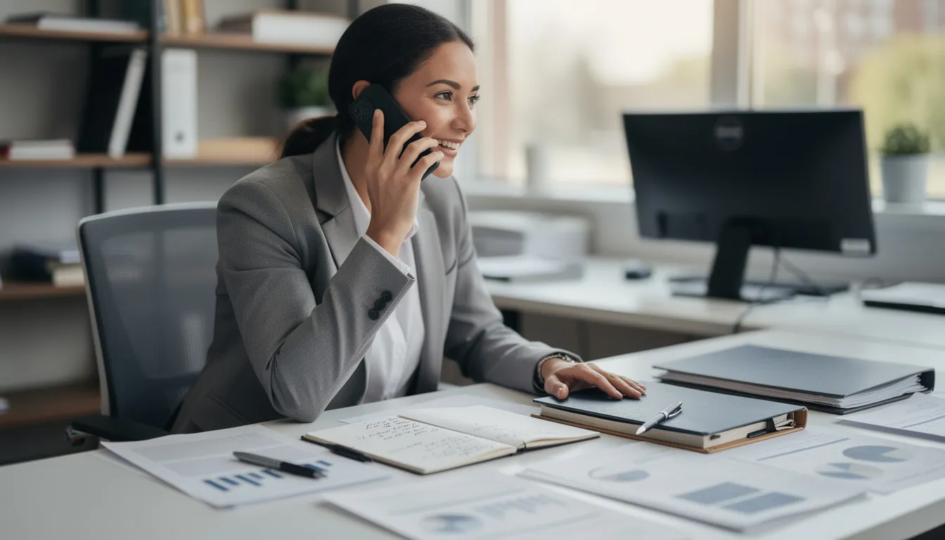 The image shows a professional engaged in a supportive phone conversation at their desk, surrounded by papers, likely discussing bereavement leave policies and the impact of a family member's death. This scene highlights the importance of providing employees with paid or unpaid bereavement leave during the grieving process.