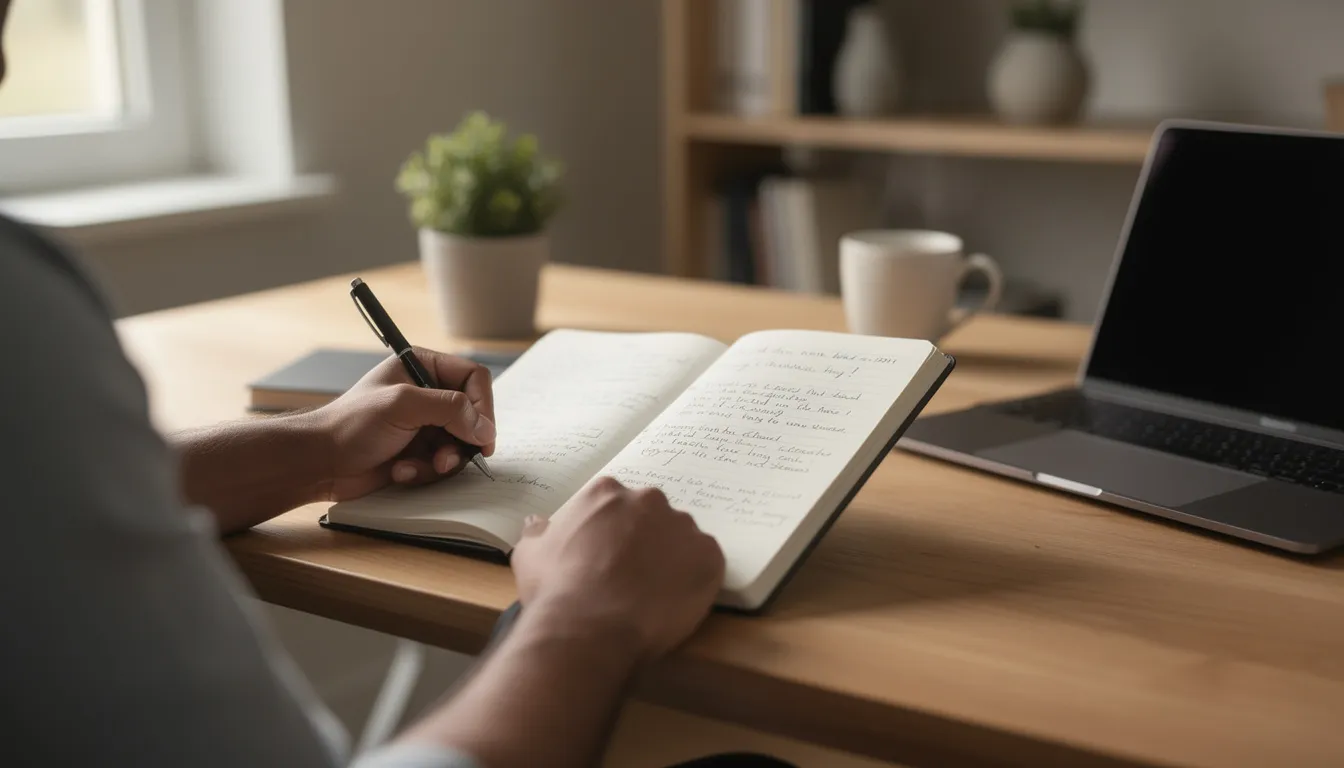The image shows a person sitting at a desk, focused on taking notes in a notebook, possibly reflecting on their work environment or experiences related to workplace bullying and harassment. The scene emphasizes the importance of documenting unwelcome conduct and understanding employees' rights under anti-discrimination laws.