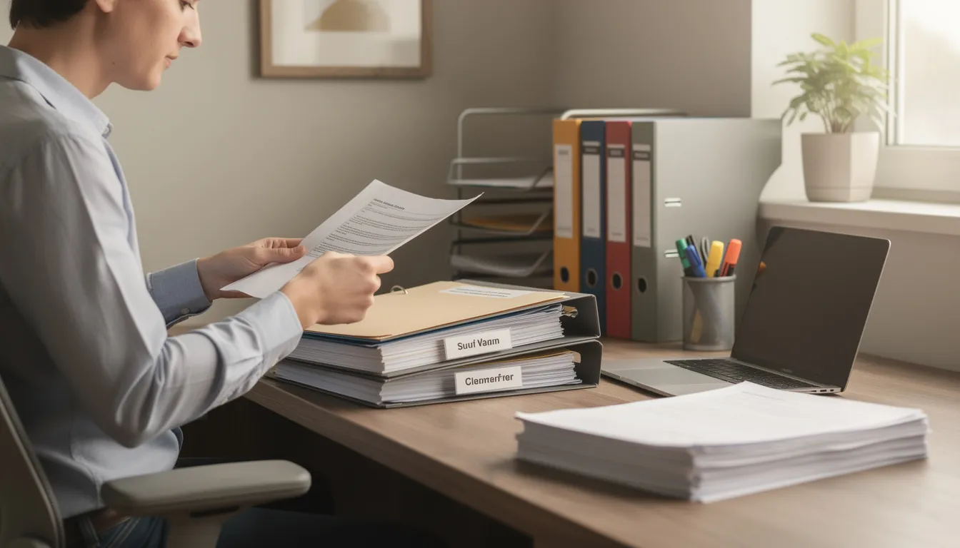 The image shows a person sitting at a home office desk, diligently organizing documents and files in a tidy manner. This workspace reflects a productive environment, contrasting with the challenges of a hostile work environment that can arise from unwelcome conduct and harassment.