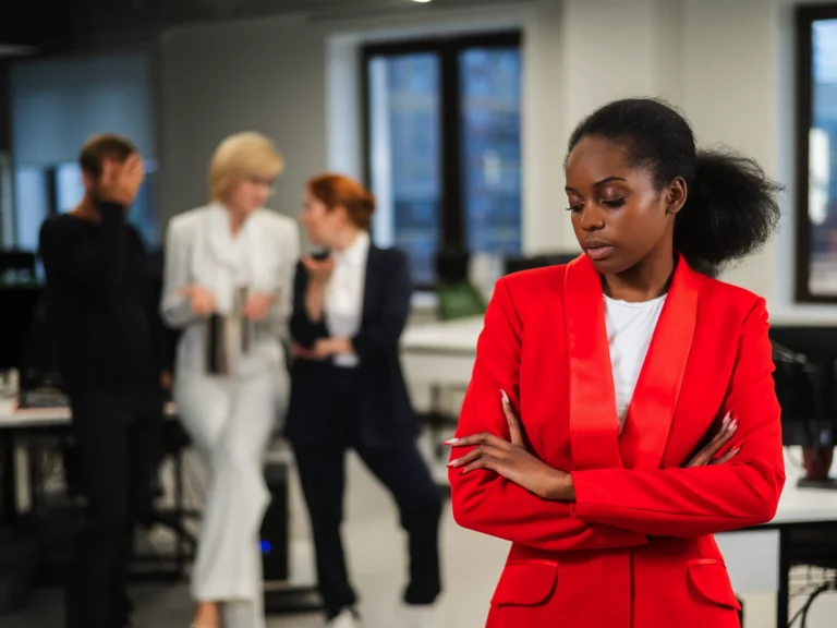 A Black women in a red blazer standing in an office and looking upset while three women in the background gossip behind her