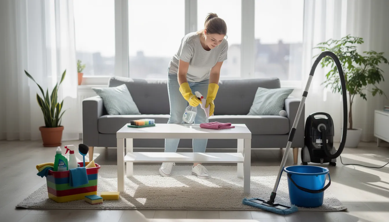 A person is seen cleaning a home using various cleaning supplies, showcasing the tasks typically performed by independent contractors in the home cleaning industry. This image highlights the importance of understanding employment status and independent contractor rights, especially regarding fair labor standards and timely payment.