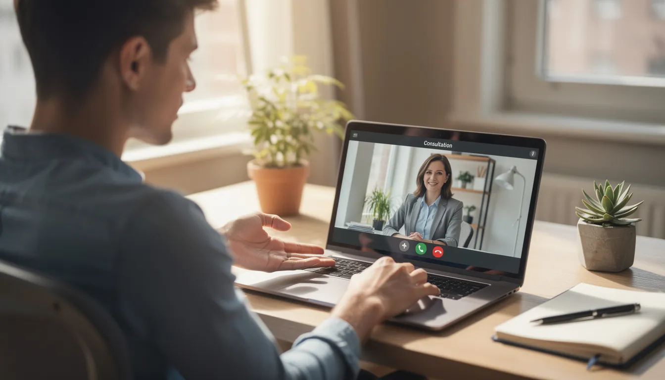 The image depicts a person engaged in a video call consultation on a laptop, appearing focused and attentive. This scene highlights the importance of communication in a work environment, where discussions may include topics related to workplace harassment and employee rights under federal laws.
