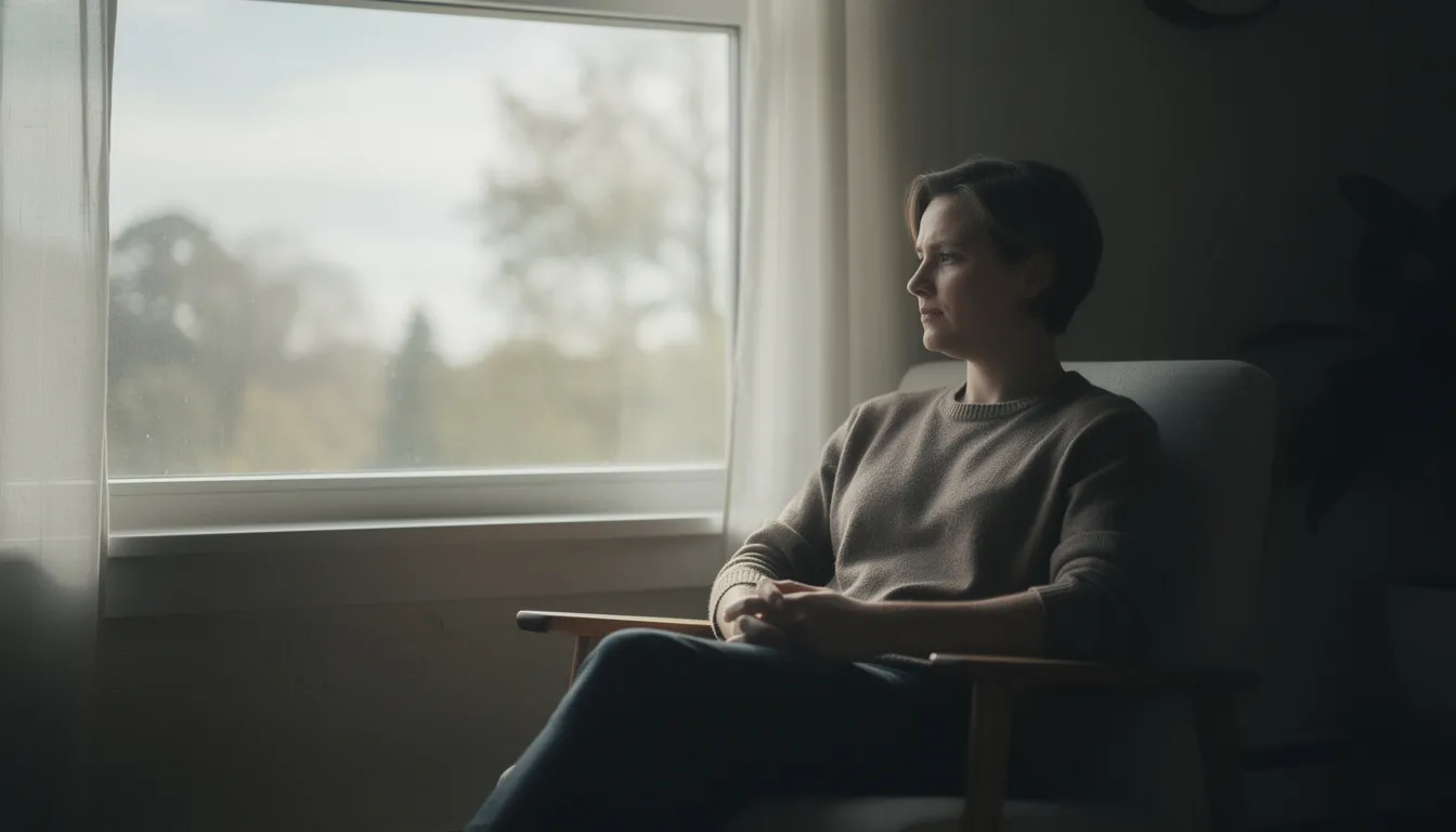 A thoughtful person sits quietly by a window bathed in soft natural light, reflecting on the grieving process following the death of an immediate family member. This serene moment highlights the importance of bereavement leave policies, which many employers offer to support grieving employees during difficult times.