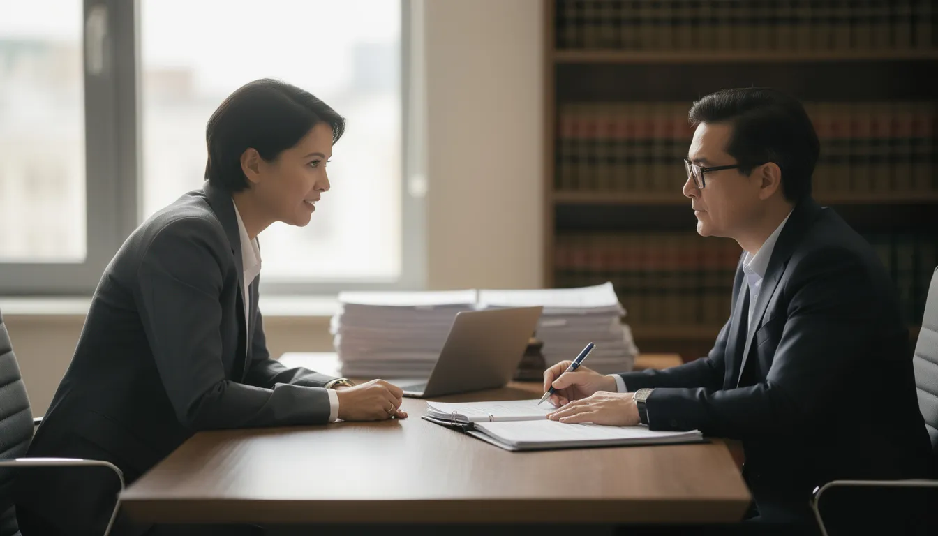 A person is engaged in a discussion with a legal professional at a desk, likely seeking advice on independent contractor rights and the implications of their employment status. The setting suggests a focus on topics such as the Fair Labor Standards Act and the proper classification of workers in relation to their working relationship with potential employers.