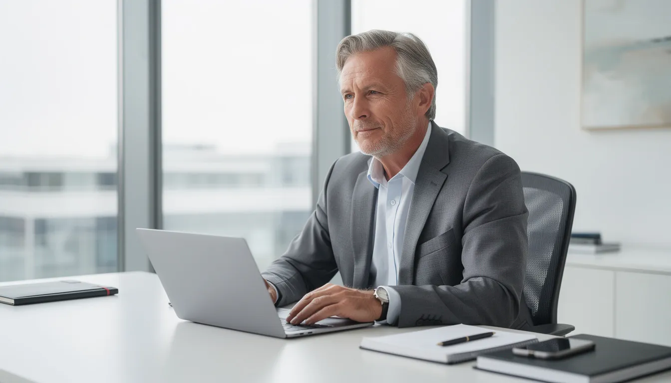 An older worker sits thoughtfully at a modern office desk, equipped with a laptop, reflecting on employment opportunities and the challenges of age discrimination in the workplace. The image highlights the importance of equal employment opportunity and the value of older employees in a diverse workforce.