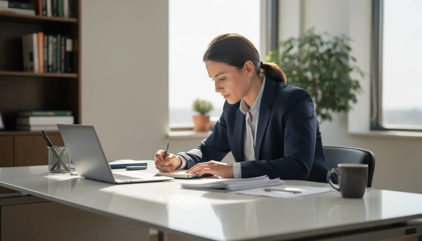 A person is seated at an office desk, intently reviewing documents and jotting down notes, possibly related to employment law or workplace discrimination issues, such as the at-will employment doctrine in Texas. The setting suggests a focus on understanding employment relationships and legal rights within the workplace.
