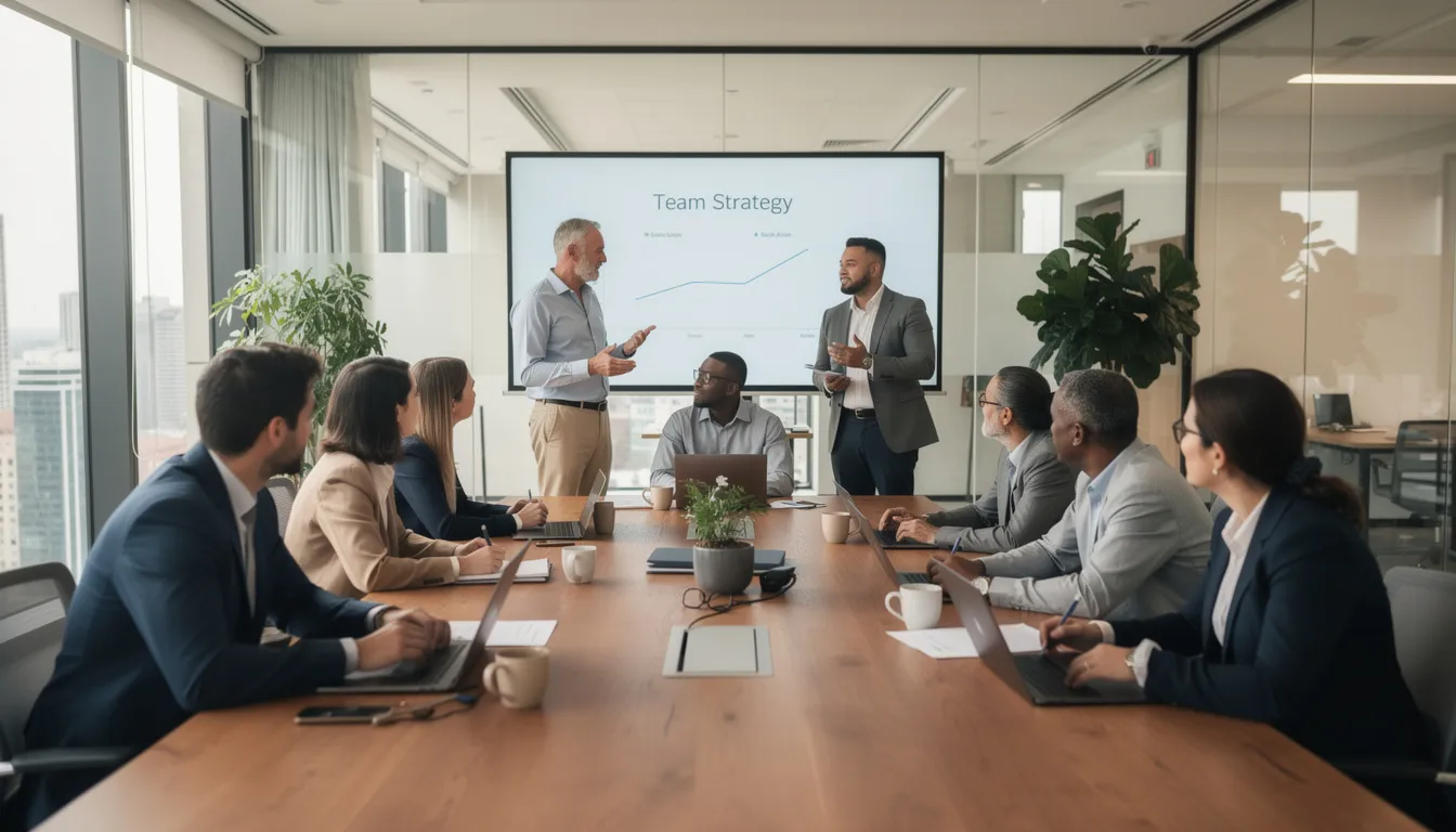 A diverse group of professionals is engaged in a discussion in an office meeting room, highlighting the importance of equal employment opportunities and collaboration among employees of various ages. The atmosphere reflects a commitment to inclusivity, where both younger and older workers share their insights and experiences.