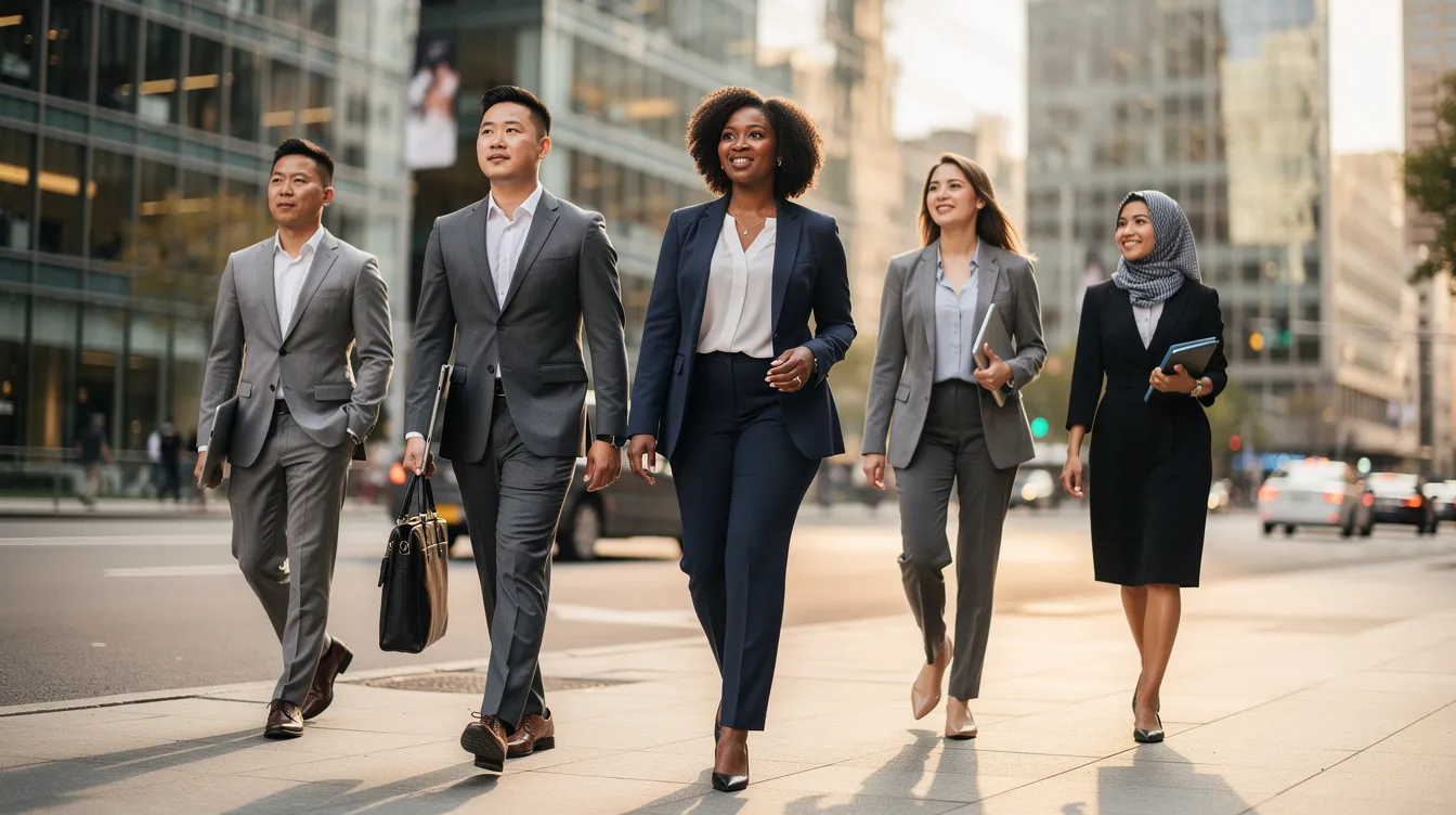The image depicts a diverse group of professionals confidently walking together on a bustling city street, embodying a sense of collaboration and purpose in their lawful professions. Their collective presence highlights the importance of reasonable efforts in maintaining strong professional relationships and adhering to existing agreements, such as noncompete covenants, that protect their legitimate business interests.