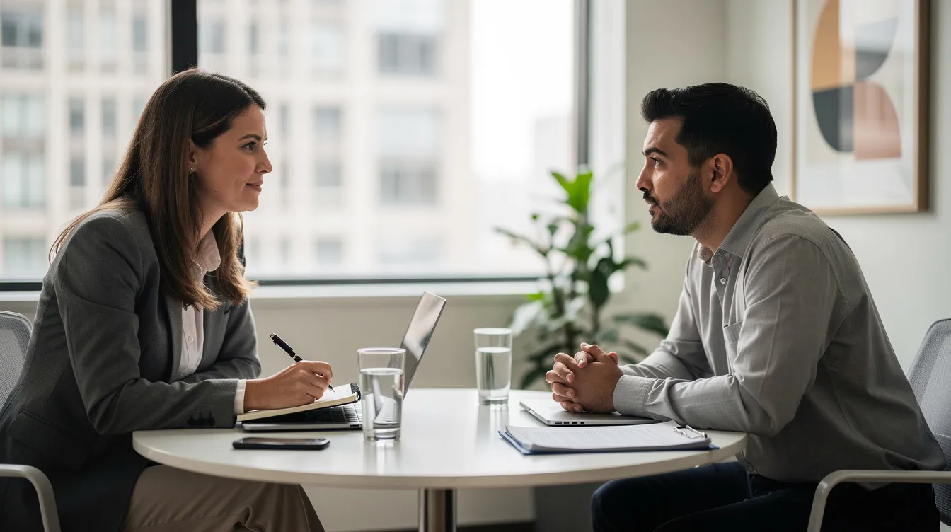 The image depicts two professionals engaged in a supportive consultation meeting, discussing important workplace issues such as pregnancy discrimination and the need for reasonable accommodations for pregnant employees. The atmosphere is collaborative, highlighting the importance of understanding legal rights under acts like the Pregnancy Discrimination Act and the Fair Labor Standards Act.