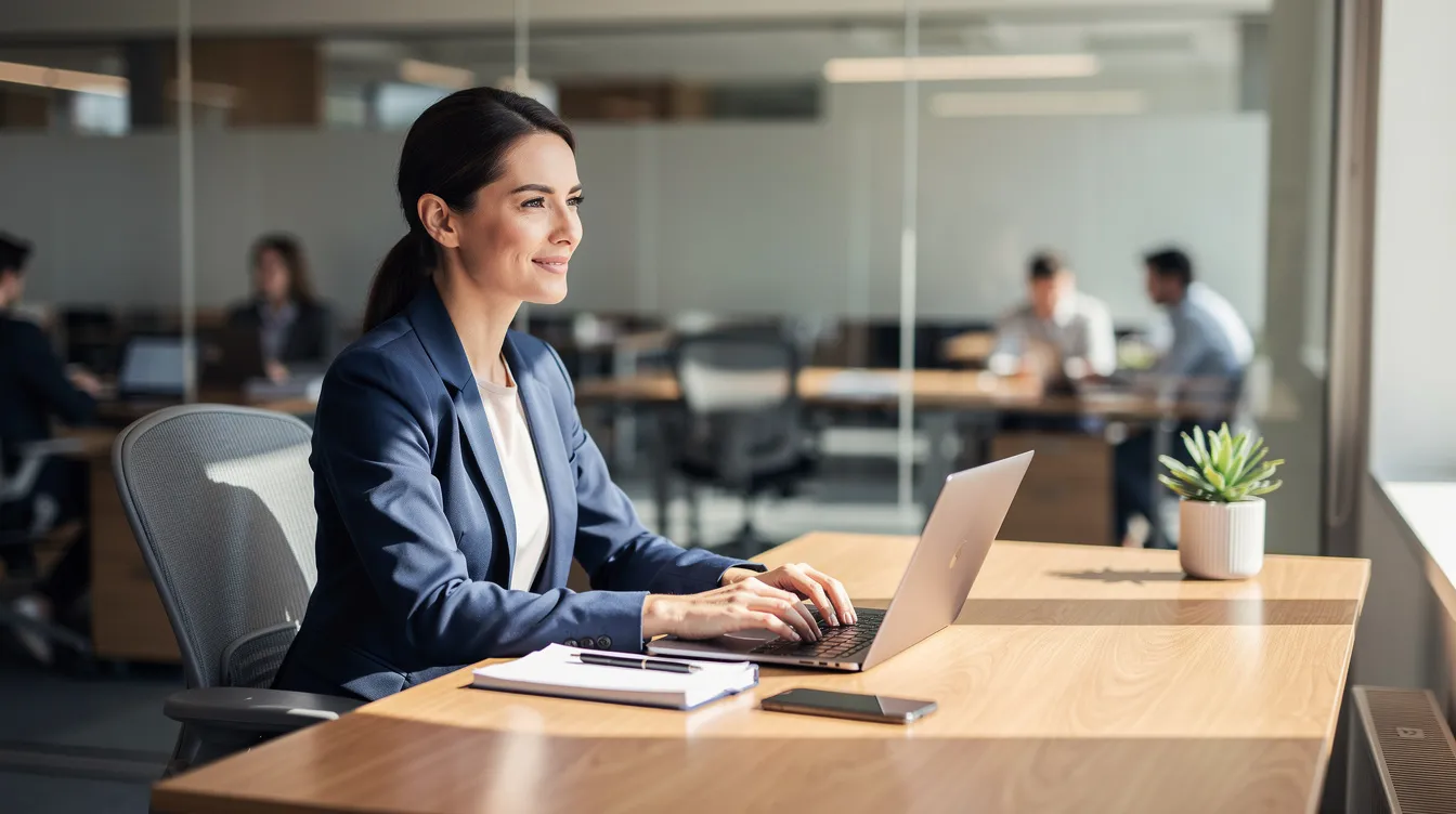 The image shows a professional woman confidently working at her office desk, surrounded by documents and a laptop, embodying empowerment in the workplace. This scene reflects the importance of fair treatment for pregnant employees, highlighting the need for compliance with the pregnancy discrimination act and other federal and state laws that protect workers' rights.
