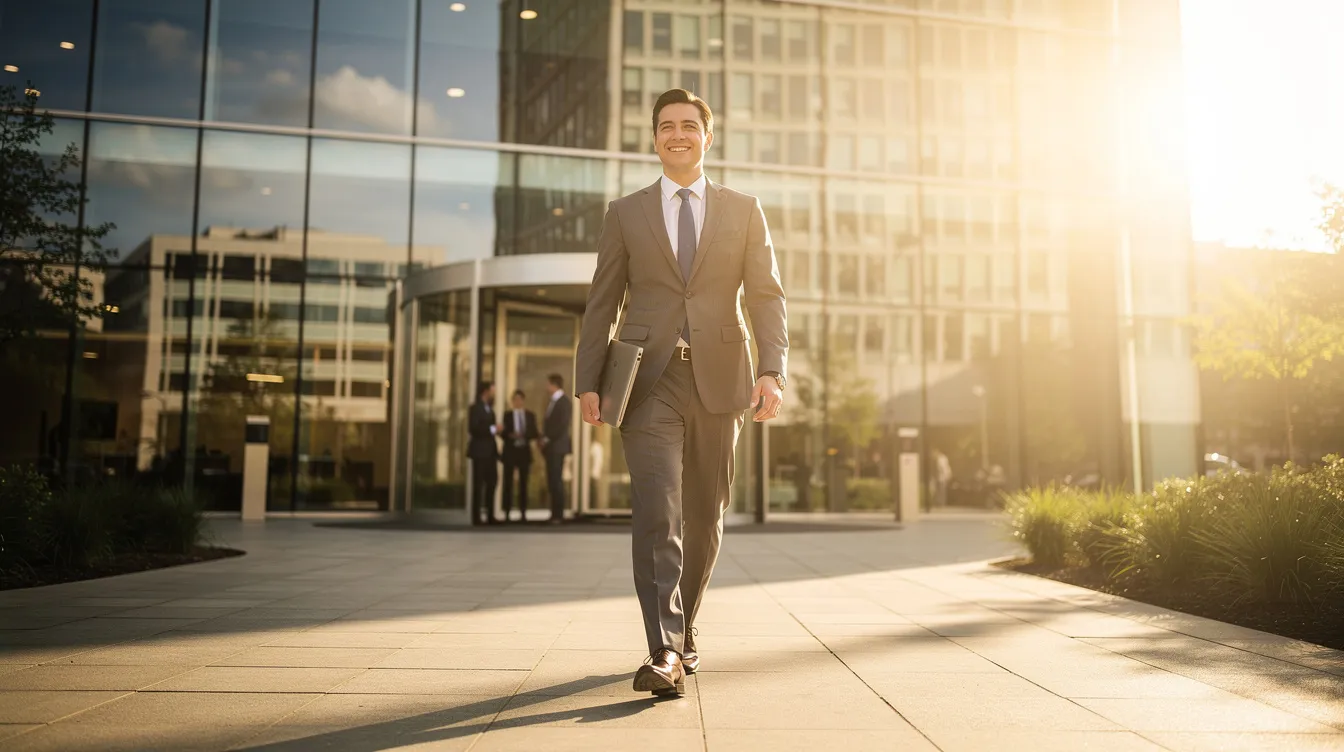 A confident professional worker is walking out of an office building into bright sunlight, symbolizing a successful transition in their lawful profession. This image reflects the importance of understanding noncompete agreements and restrictive covenants that may impact employees and independent contractors in Washington state.