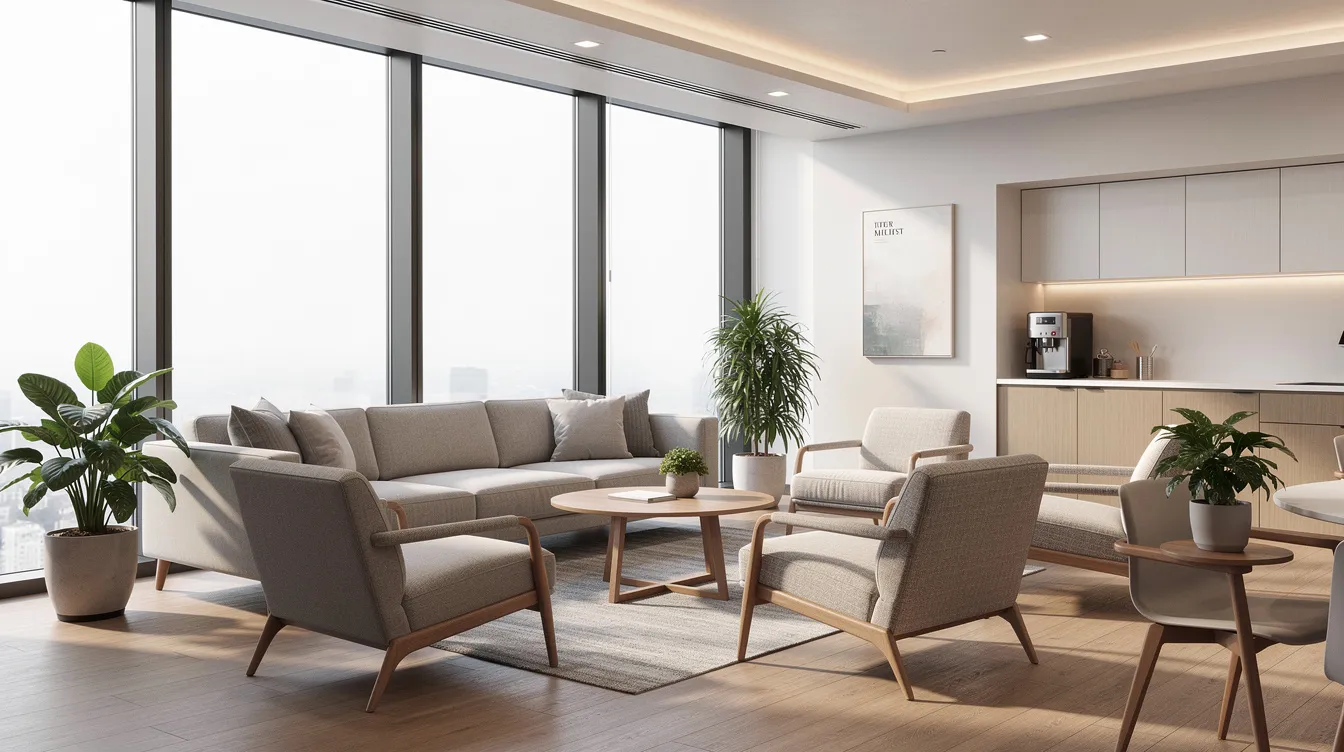 The image depicts a modern office break room featuring comfortable seating and ample natural lighting, creating a welcoming environment for employees. This space could serve as a supportive area for pregnant employees, offering a place to relax or express breast milk, aligning with reasonable accommodations under federal and Illinois laws regarding pregnancy discrimination.