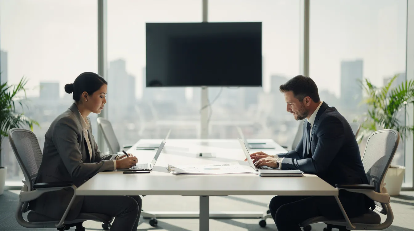 Two professionals are engaged in a consultation meeting in a modern conference room, discussing important workplace issues that may involve employee morale and potential violations of anti-retaliation provisions. The setting reflects a collaborative atmosphere, emphasizing the importance of addressing concerns related to discrimination and protected activity in the workplace.