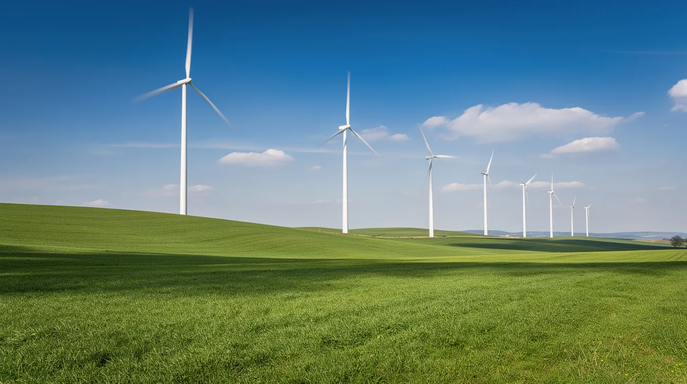 The image depicts several wind turbines standing tall in a lush green field, set against a clear blue sky, symbolizing the growth of renewable energy and sustainable labor practices. This scene reflects the potential for green jobs and the importance of environmental stewardship in the labor movement.