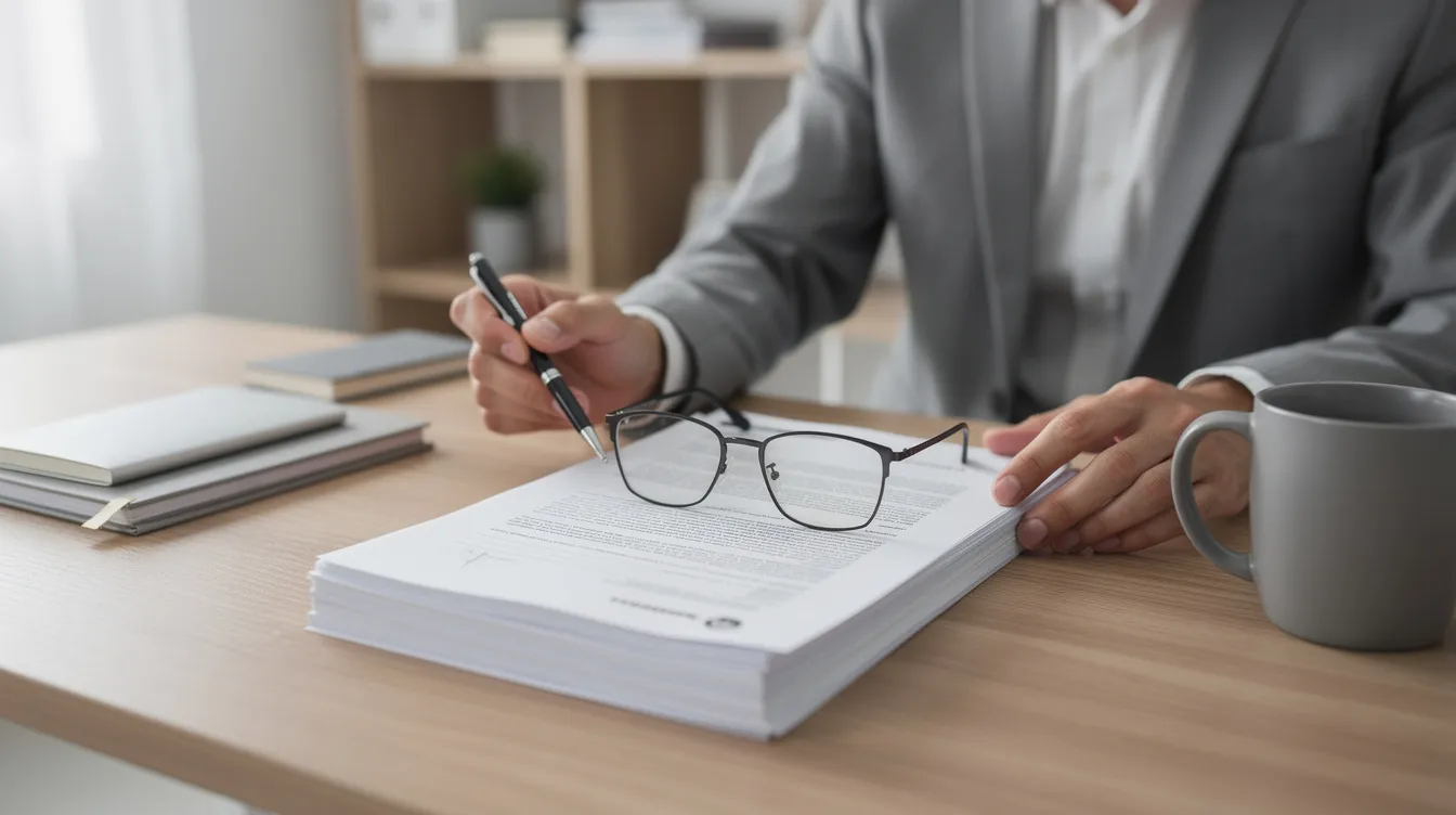 The image depicts a professional wearing reading glasses, intently reviewing contract documents at a desk, highlighting the importance of understanding noncompete agreements and confidentiality agreements in the context of lawful professions. The setting emphasizes the careful consideration required for agreements that may affect employees and independent contractors under Washington state law.