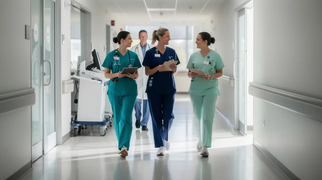 A group of healthcare workers in scrubs is walking through a hospital corridor, showcasing their commitment to patient care and teamwork in a bustling medical environment. The scene reflects the vital role of employees in the healthcare sector, highlighting the importance of workplace rights and employment law in Kansas City.