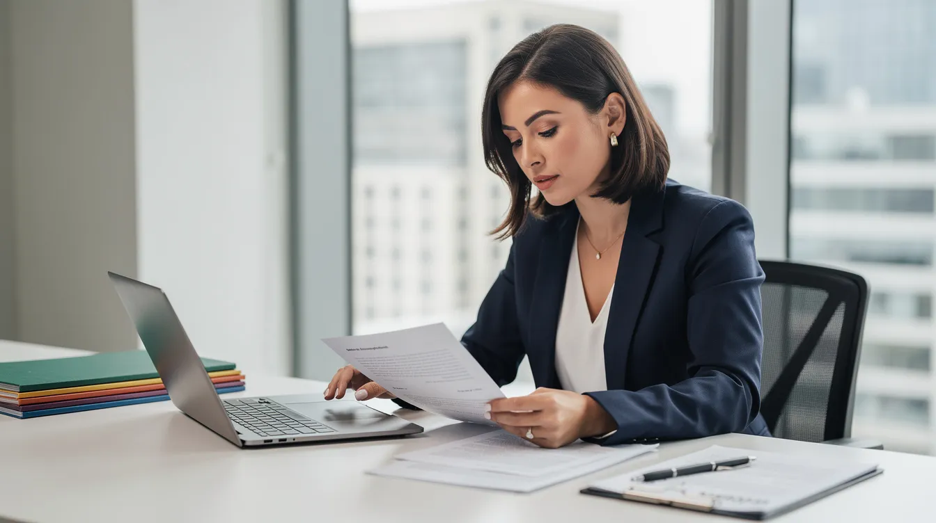 The image shows a professional woman sitting at her desk, intently reviewing documents related to employment law, possibly concerning workplace safety or wage and hour regulations. She appears focused and organized, reflecting her commitment to understanding the complexities of Texas employment laws and fair labor standards.