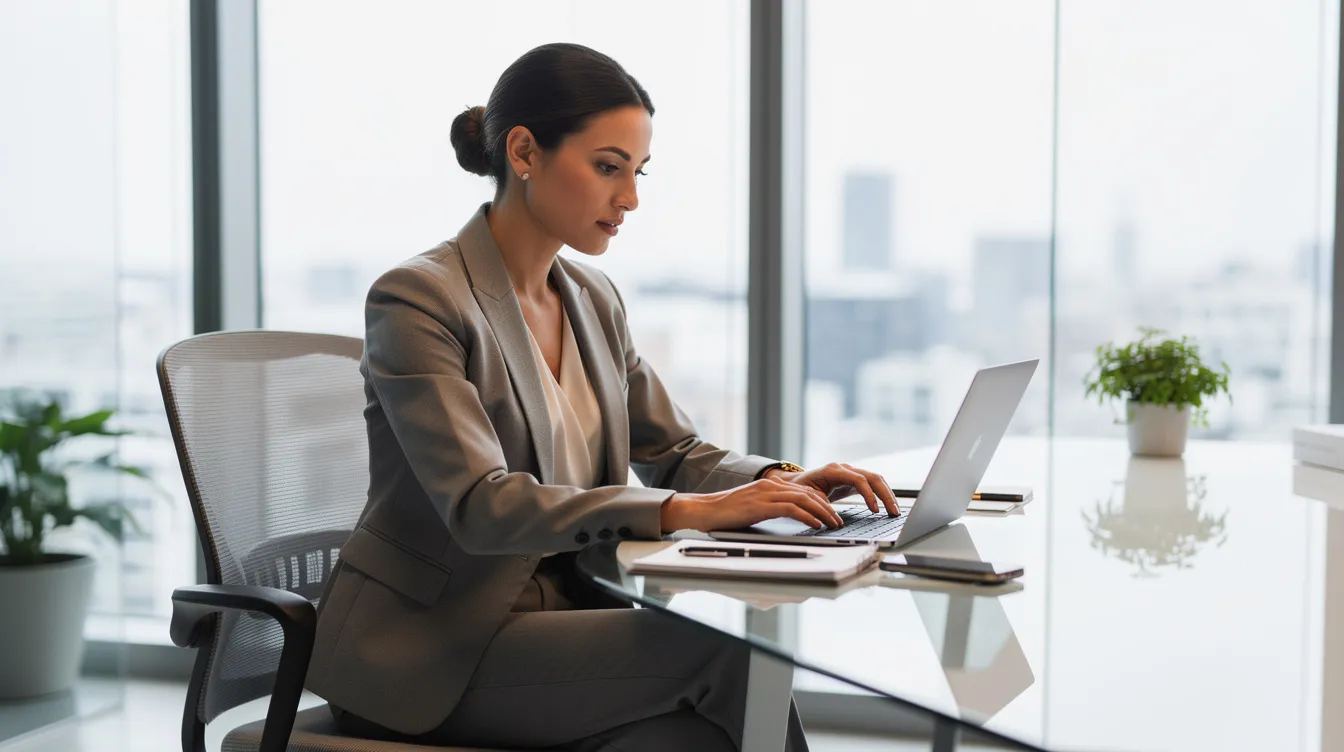 A professional woman in business attire is seated at a modern office desk, focused on her work. This image captures the essence of a workplace where pregnant employees can thrive, emphasizing the importance of reasonable accommodations and support for female employees under federal and state laws, including the Pregnancy Discrimination Act.