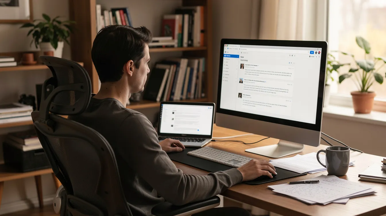 A person is sitting at a desk in a home office, focused on reviewing emails and documents on their computer. The workspace is organized, reflecting a professional environment where the individual may be assessing potential complaints related to employer retaliation or other protected activities.