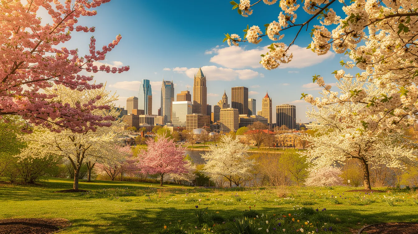 The image features the Kansas City skyline bathed in warm spring sunshine, framed by vibrant flowering trees, creating a beautiful scene perfect for photo opportunities. This picturesque view captures the essence of the Kansas City area, inviting visitors to explore the city's attractions and enjoy family fun in the parks.